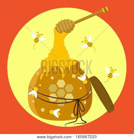 Illustration of a group of bees flying over honey jar full of honey with honey dipper.