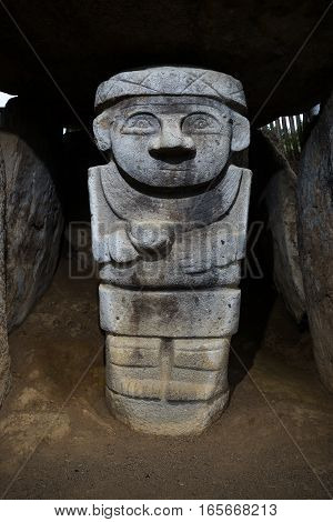 statue closeup in the San Agustin necropolis in Colombia
