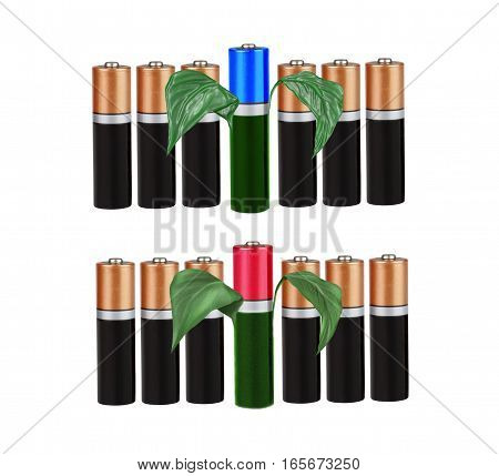 Environmental-friendly energy sources, batteries, on a white background, with green leaves, isolated, montage