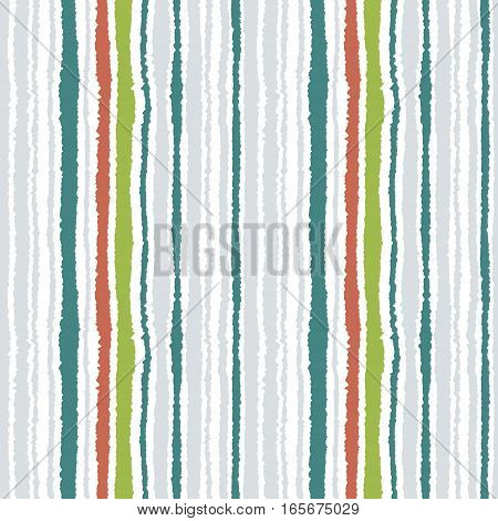 Seamless strip pattern. Vertical lines with torn paper effect. Shred edge texture. White, gray, green, redbrown winter colored background. Vector