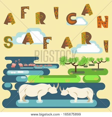 African safari concept with animals, flamingo, hippo. Flat isolated eps10 vector illustration. Eco tourism