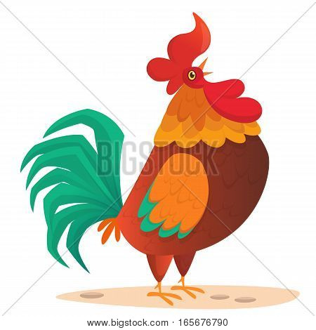 Fat cartoon rooster. Colorful vector illustration of singing rooster