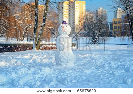 Snowman with purple hat in city park