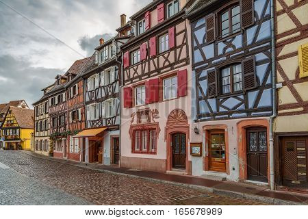 Embankment of Lauch River with historical houses in Colmar Alsace France