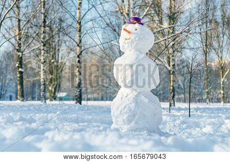 Snowman with purple hat in city park