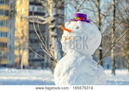 Snowman with purple hat in city park