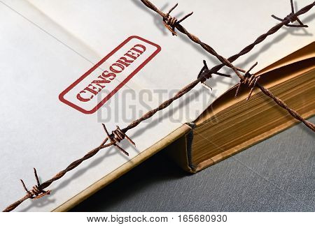 Closeup of an old secret book and word Censored