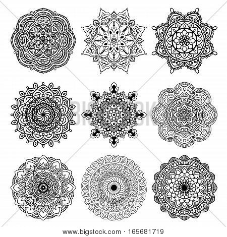 vector set different mandala outline black isolated on white