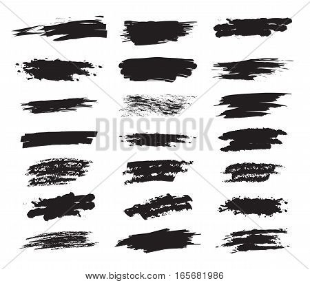Collection hand drawn brush strokes for your design. Grunge paint stripe. Scribble stains. Charcoal chalk texture. Vector illustration. Isolated on white background