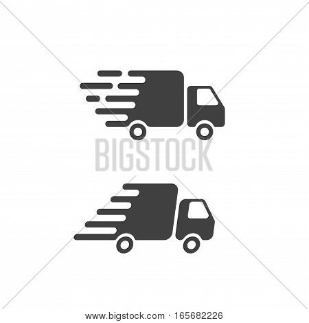 Delivery truck icon flat style symbol, fast shipping cargo van pictogram, flat black and white style, quick courier transportation isolated image