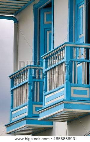 colonial style wooden balconies in Filandia Colombia