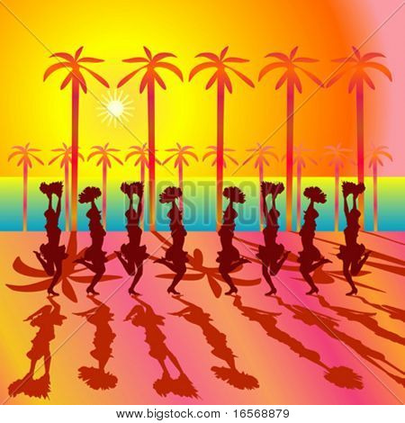 Party people op de open ruimte met silhouetten. De zon en palm bomen