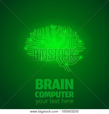 Human Brain Logo in form of Electronic brain computer, Neurology Conception.Silicon chips in form of Cerebrum and Cerebellum with mind thoughts shines, text Brain Computer on green luminous background