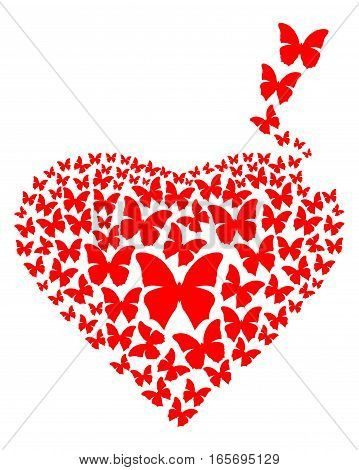 Red heart made of butterflies isolated on white background. Heart consisting of red flying butterflies. Design element for romantic cards. Vector illustration