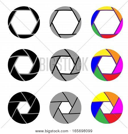 Aperture in nine different variants. Black grey multicolored rainbow