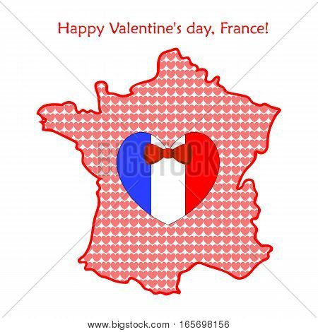Map of France with flags and hearts - gift for Valentine s day. Vector illustration