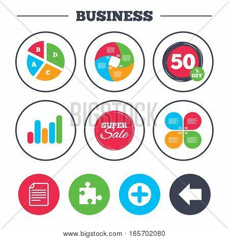 Business pie chart. Growth graph. Plus add circle and puzzle piece icons. Document file and back arrow sign symbols. Super sale and discount buttons. Vector