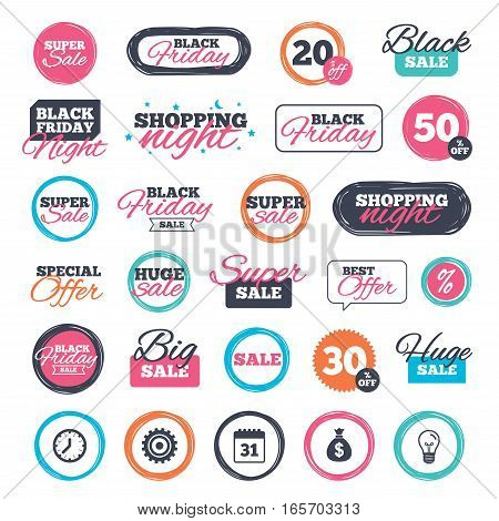 Sale shopping stickers and banners. Business icons. Calendar and mechanical clock signs. Dollar money bag and gear symbols. Website badges. Black friday. Vector