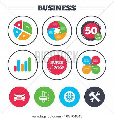 Business pie chart. Growth graph. Transport icons. Car tachometer and automatic transmission symbols. Repair service tool with wheel sign. Super sale and discount buttons. Vector