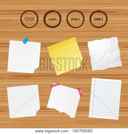 Business paper banners with notes. Programmer coder glasses icon. HTML5 markup language and CSS3 cascading style sheets sign symbols. Sticky colorful tape. Vector