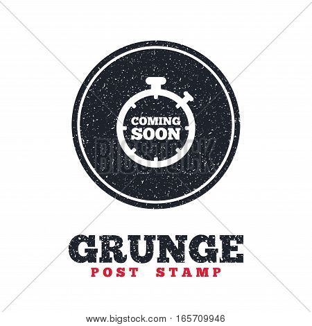 Grunge post stamp. Circle banner or label. Coming soon sign icon. Promotion announcement symbol. Dirty textured web button. Vector