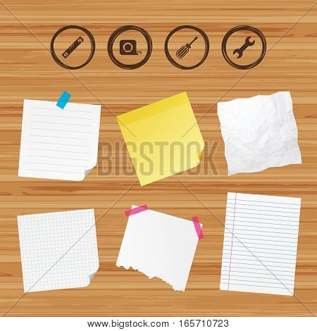 Business paper banners with notes. Screwdriver and wrench key tool icons. Bubble level and tape measure roulette sign symbols. Sticky colorful tape. Vector