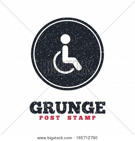 Grunge post stamp. Circle banner or label. Disabled sign icon. Human on wheelchair symbol. Handicapped invalid sign. Dirty textured web button. Vector