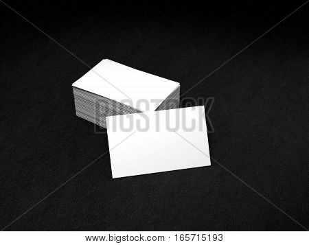 Stack of white business cards. Name cards mockup template on black leather background. 3D Rendering with shadow