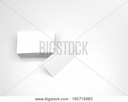 Stack of white business cards. Name cards mockup template on white leather background. 3D Rendering with shadow