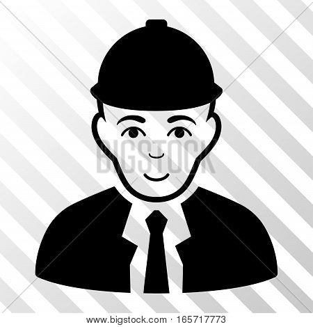 Black Engineer interface icon. Vector pictograph style is a flat symbol on diagonal hatch transparent background.