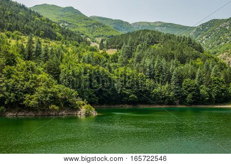Green waters and forest San Domenico Lake Gole Del Sagittario canyon Abruzzi Italy.