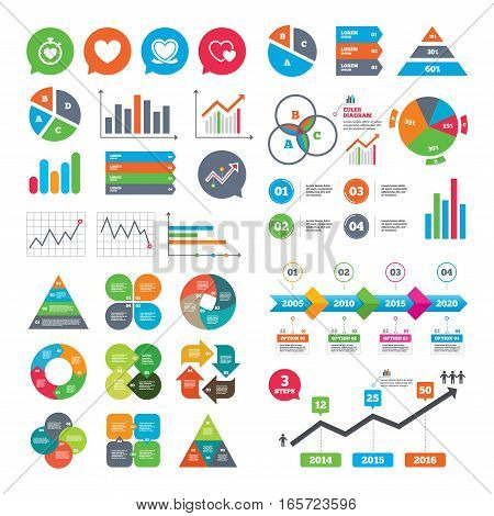 Business charts. Growth graph. Heart ribbon icon. Timer stopwatch symbol. Love and Heartbeat palpitation signs. Market report presentation. Vector