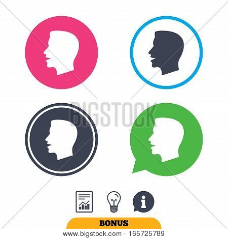 Talk or speak icon. Loud noise symbol. Human talking sign. Report document, information sign and light bulb icons. Vector