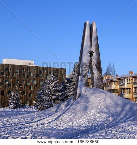 UMEA, SWEDEN ON JANUARY 16. View of an artwork by Megmet Ali Uysal, Skin 4 on January 16, 2017 in Umea, Sweden. The Clothespin, this side Umea Academy of Fine arts. Winter. Editorial use.