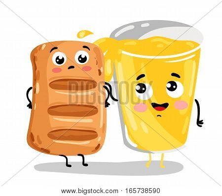 Cute puff pastry and lemonade cartoon characters isolated on white background vector illustration. Funny fast food menu, bakery pastry emoticon face icon. Happy smile cartoon face, comical puff, drink