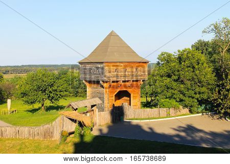 Old wooden watchtower in Subotiv village Ukraine