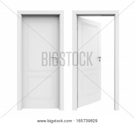 Closed and Open Doors isolated on white background. 3D render