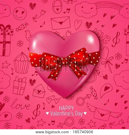 Happy Valentines Day card with 3D heart and red bow. Pink romantic vector background. Hand drawn elements. Seamless doodles pattern.