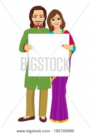 Indian couple holding empty blank board over white background