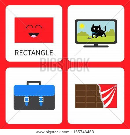 Learning rectangle form shape. Smiling face. Cute cartoon character. TV set cat school briefcase chocolate bar wrapping Educational cards for kids. Flat design White background. Vector illustration