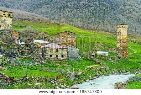 The old houses and towers of highlanders are built of the local stone and preserved since the Middle Ages Ushguli Upper Svaneti Georgia.