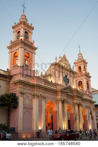Salta Argentina - 31 october 2016: Cathedral and people at sunset in Salta(Argentina)