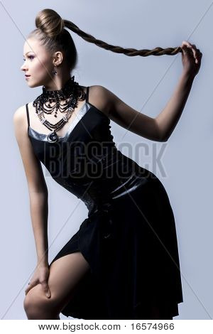 beautiful woman in black evening dress
