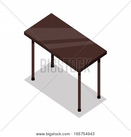 Isometric wooden table with shadow in flat. Illustration of a classical brown wooden table with legs. Empty wooden deck table. Table icon. Isolated vector illustration on white background.