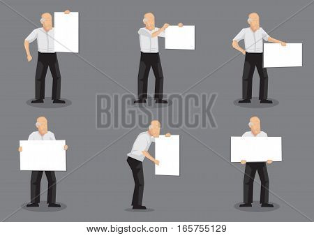Set of six vector illustrations of old man character holding a blank placard with copy space isolated on grey background.