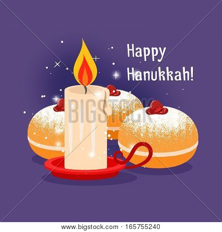 Happy hanukkah vector illustration with candle and jewish baking