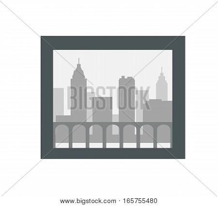 City silhouette in the dark frame isolated on white. Urban city landscape with towers, fence and skyscrapers isolated in black photo frame. Modern buildings. Illustration in flat style. Vector design