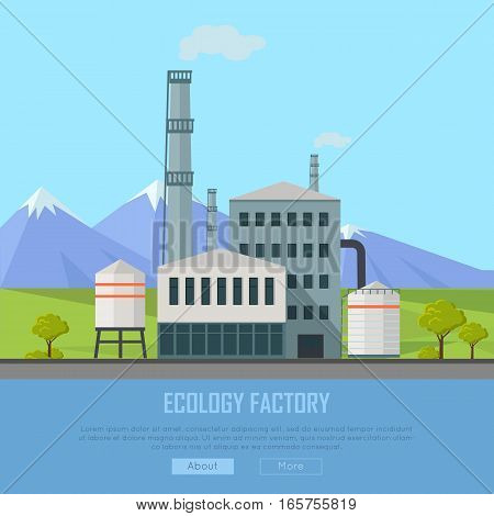 Ecology factory banner. Gray factory building with pipes on nature mountain landscape. Industrial plant with pipes in flat. Plant with smoking chimneys. Ecological production concept. Website template