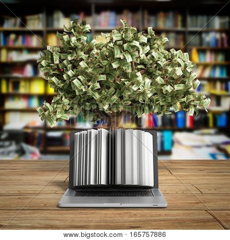 Black Pc With Money Tree 3D Render Success Knowlage Concept