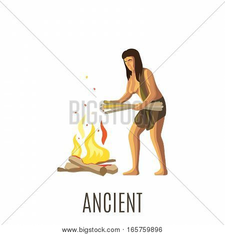Ancient woman making fire, isolated vector illustration with sign